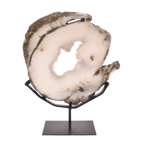 Polished slice of natural agate gemstone with crystal quartz, placed on a black, metallic base. The product has a height of 38cm. Buy online shop.