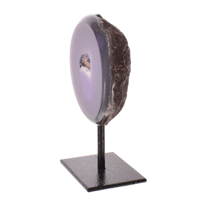 Natural agate gemstone geode with crystal quartz, embedded into a black metallic base. The geode is painted purple and the product has a height of 13cm. Buy online shop.