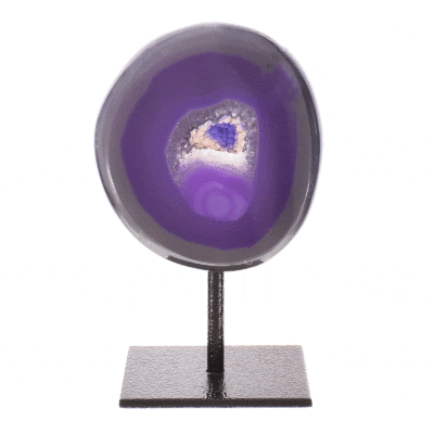 Natural agate gemstone geode with crystal quartz, embedded into a black metallic base. The geode is painted purple and the product has a height of 13cm. Buy online shop.