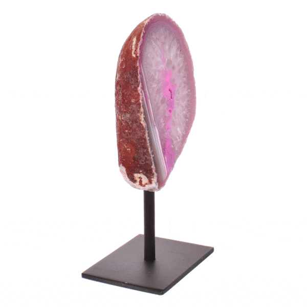 Natural agate gemstone geode with crystal quartz, embedded into a black metallic base. The geode is painted purple and the product has a height of 14cm. Buy online shop.