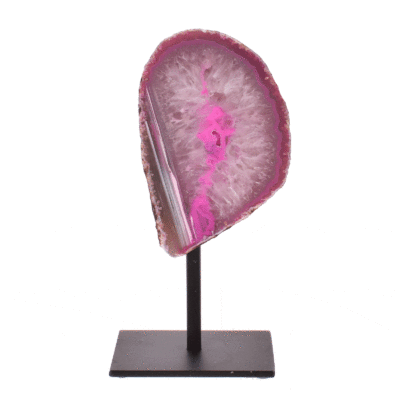 Natural agate gemstone geode with crystal quartz, embedded into a black metallic base. The geode is painted purple and the product has a height of 14cm. Buy online shop.