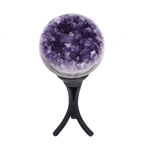 Sphere made of natural amethyst geode gemstone with a diameter of 8.5cm. The sphere comes with a black, metallic base. Buy online shop.