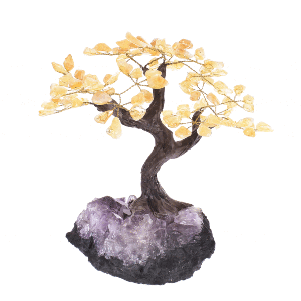 Handmade tree with polished leaves made of natural citrine quartz gemstone and rough amethyst gemstone base. The tree has a height of 25cm. Buy online shop.