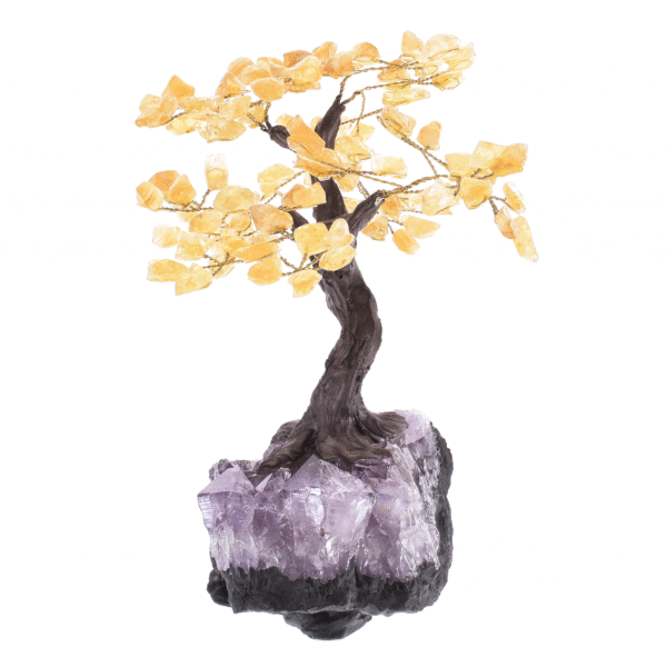 Handmade tree with polished leaves made of natural citrine quartz gemstone and rough amethyst gemstone base. The tree has a height of 25cm. Buy online shop.