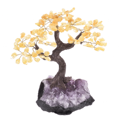 Handmade tree with polished leaves made of natural citrine quartz gemstone and rough amethyst gemstone base. The tree has a height of 25cm. Buy online shop.