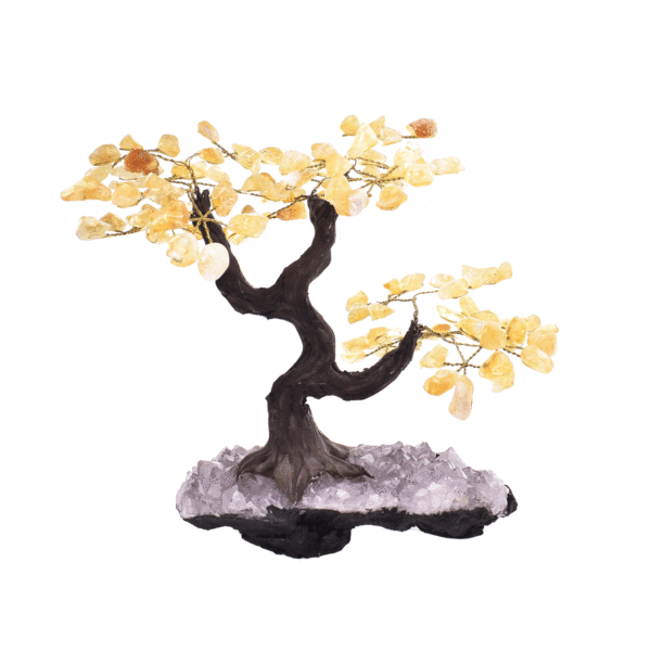 Handmade 23cm tree with leaves of natural baroque citrine quartz gemstones and natural, raw amethyst gemstone base. Buy online shop.