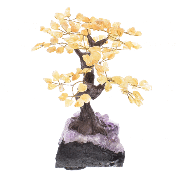 Handmade tree with polished leaves made of natural citrine quartz gemstone and rough amethyst gemstone base. The tree has a height of 25cm. Buy online shop.