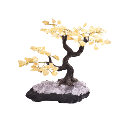 Handmade 23cm tree with leaves of natural baroque citrine quartz gemstones and natural, raw amethyst gemstone base. Buy online shop.