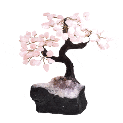 Handmade tree with polished leaves made of natural rose quartz gemstones and raw amethyst gemstone base. The tree has a height of 23cm. Buy online shop.