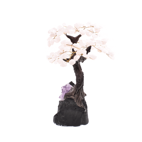 Handmade tree with leaves of natural baroque rose quartz gemstones and natural amethyst base. The tree has a height of 27cm. 