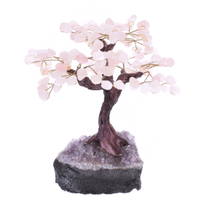 Χειροποίητο δεντράκι με γυαλισμένα φύλλα από ροζ χαλαζία και βάση από ακατέργαστο αμέθυστο, ύψους 24cm. Αγοράστε online shop.