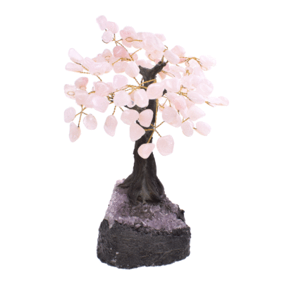 Χειροποίητο δεντράκι με γυαλισμένα φύλλα από φυσικές πέτρες ροζ χαλαζία και βάση από ακατέργαστο αμέθυστο, ύψους 23cm. Αγοράστε online shop.
