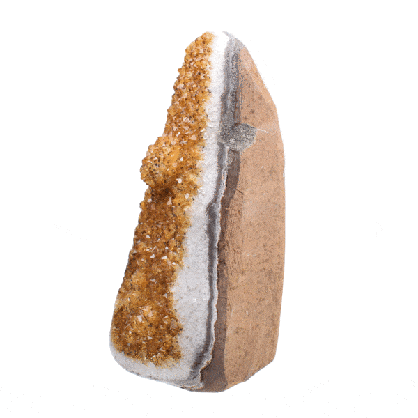 Raw piece of natural citrine quartz gemstone with polished outline. The stone has a height of 13.5cm. Buy online shop.
