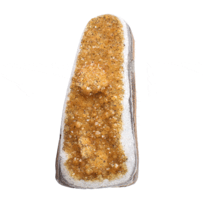 Raw piece of natural citrine quartz gemstone with polished outline. The stone has a height of 13.5cm. Buy online shop.