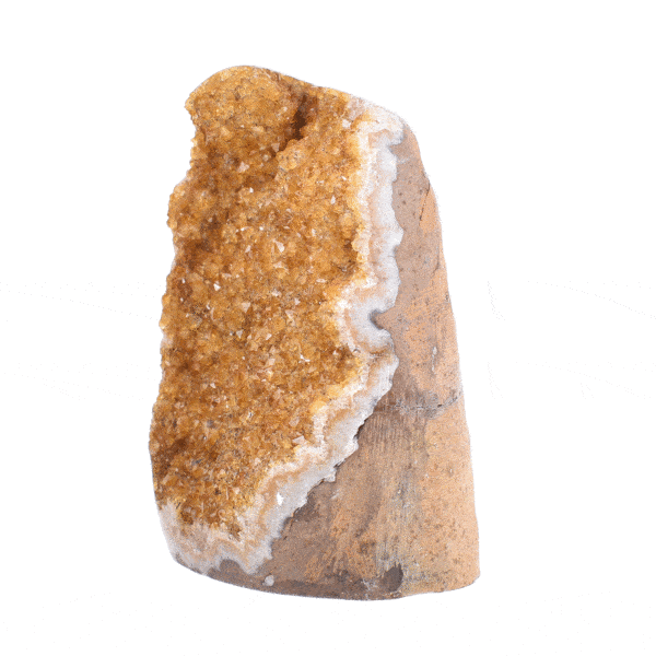 Ακατέργαστο κομμάτι φυσικής πέτρας κιτρίνη με γυαλισμένο περίγραμμα και ύψος 12cm. Αγοράστε online shop.