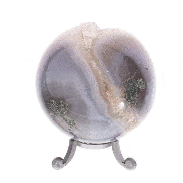 Sphere made of natural agate gemstone with crystal quartz and a diameter of 7.5cm. The sphere comes with a grey plexiglass base. Buy online shop.