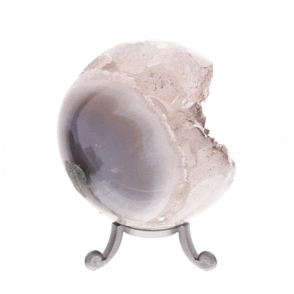 Sphere made of natural agate gemstone with crystal quartz and a diameter of 7.5cm. The sphere comes with a grey plexiglass base. Buy online shop.