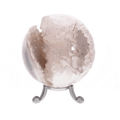 Sphere made of natural agate gemstone with crystal quartz and a diameter of 7.5cm. The sphere comes with a grey plexiglass base. Buy online shop.