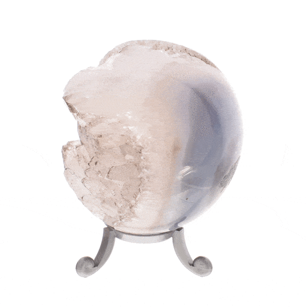 Sphere made of natural agate gemstone with crystal quartz and a diameter of 7.5cm. The sphere comes with a grey plexiglass base. Buy online shop.