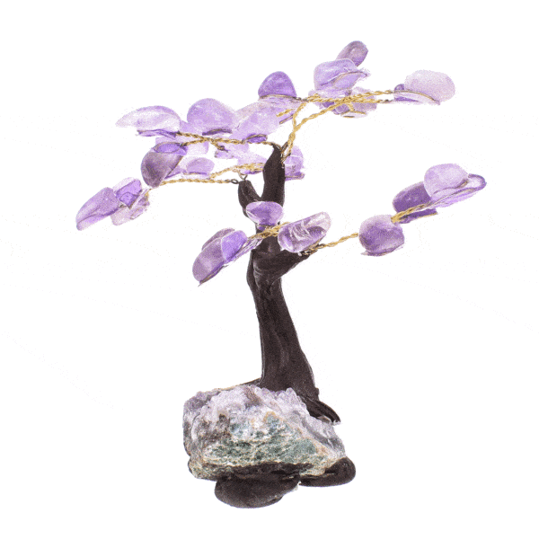 Handmade tree with natural polished amethyst gemstone leaves and raw amethyst base. The tree has a height of 10cm. Buy online shop.