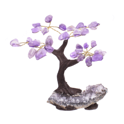 Handmade tree with natural polished amethyst gemstone leaves and raw amethyst base. The tree has a height of 10cm. Buy online shop.