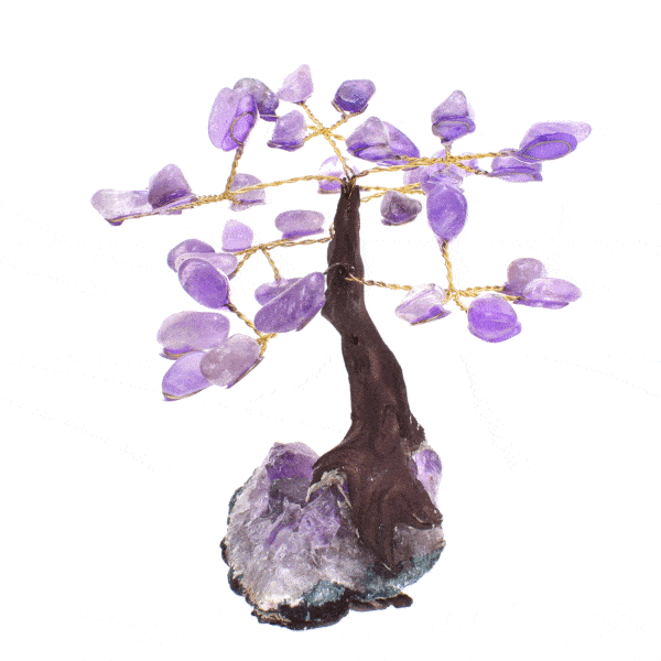 Tree with natural polished amethyst gemstone leaves and raw amethyst base. The tree has a height of 11cm. Buy online shop.
