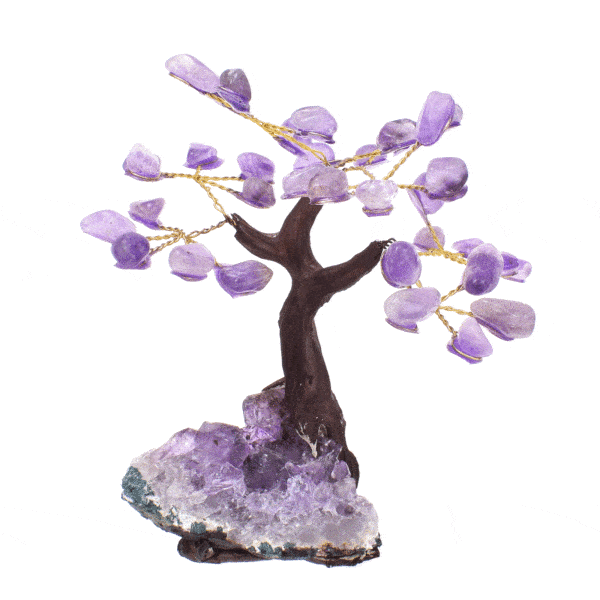 Tree with natural polished amethyst gemstone leaves and raw amethyst base. The tree has a height of 11cm. Buy online shop.
