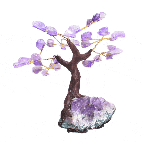 Tree with natural polished amethyst gemstone leaves and raw amethyst base. The tree has a height of 11cm. Buy online shop.