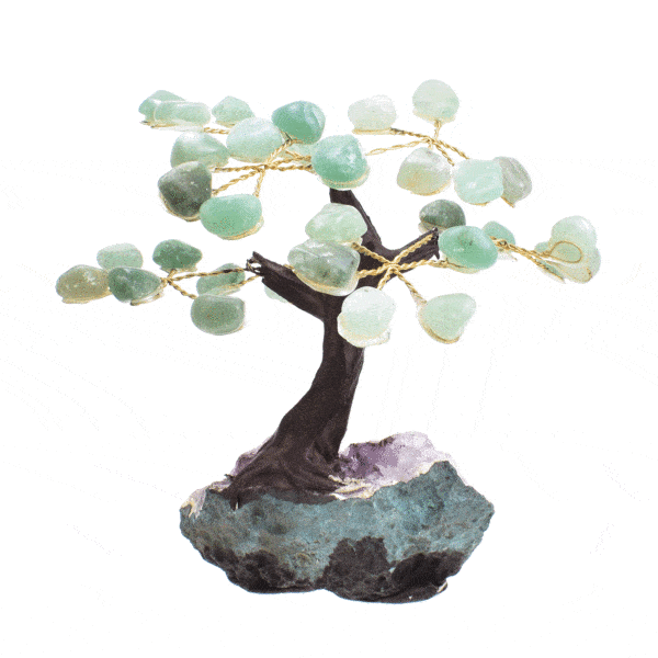 Χειροποίητο δεντράκι με γυαλισμένα φύλλα από φυσικές πέτρες αβεντουρίνης και βάση από ακατέργαστο αμέθυστο, ύψους 11cm. Αγοράστε online shop.