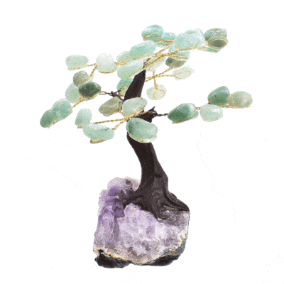 Handmade tree with polished leaves made of natural aventurine gemstones and raw amethyst gemstone base. The tree has a height of 11cm. Buy online shop.