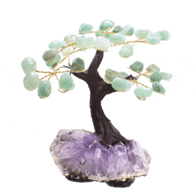 Handmade tree with polished leaves made of natural aventurine gemstones and raw amethyst gemstone base. The tree has a height of 11cm. Buy online shop.