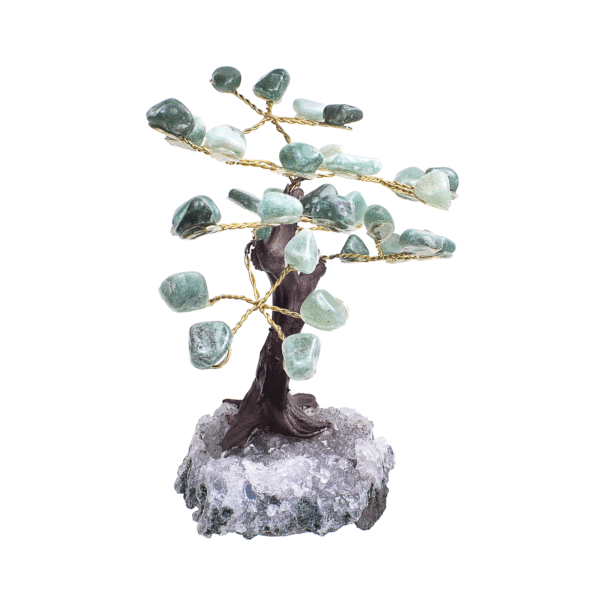 Handmade tree with natural, polished aventurine leaves gemstones and raw amethyst gemstone base. The tree has a height of 10.5cm. Buy online shop.