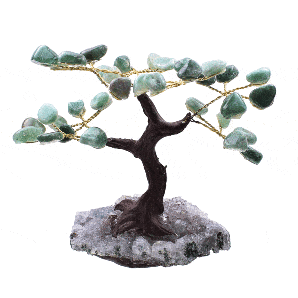 Handmade tree with natural, polished aventurine leaves gemstones and raw amethyst gemstone base. The tree has a height of 10.5cm. Buy online shop.