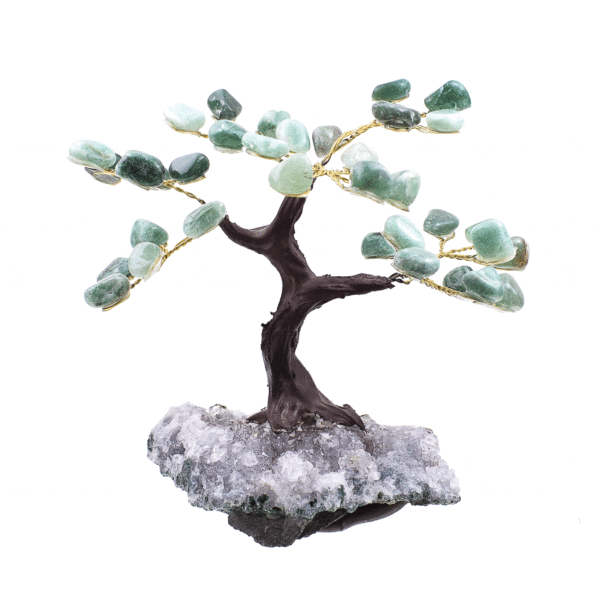 Handmade tree with natural, polished aventurine leaves gemstones and raw amethyst gemstone base. The tree has a height of 10.5cm. Buy online shop.