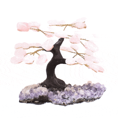 Handmade tree with polished leaves made of natural rose quartz gemstones and raw amethyst gemstone base. The tree has a height of 9cm. Buy online shop.