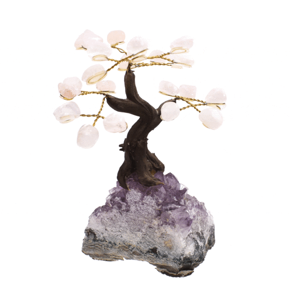 Handmade 12.5cm tree with leaves of natural baroque rose quartz gemstones and natural amethyst gemstone base. 
