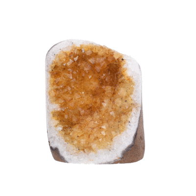 *Raw Citrine Quartz gemstone from Brasil with polished outline and cut base, measuring approximately 9cm in height.