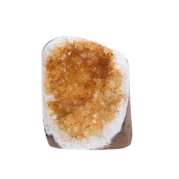 *Raw Citrine Quartz gemstone from Brasil with polished outline and cut base, measuring approximately 9cm in height.