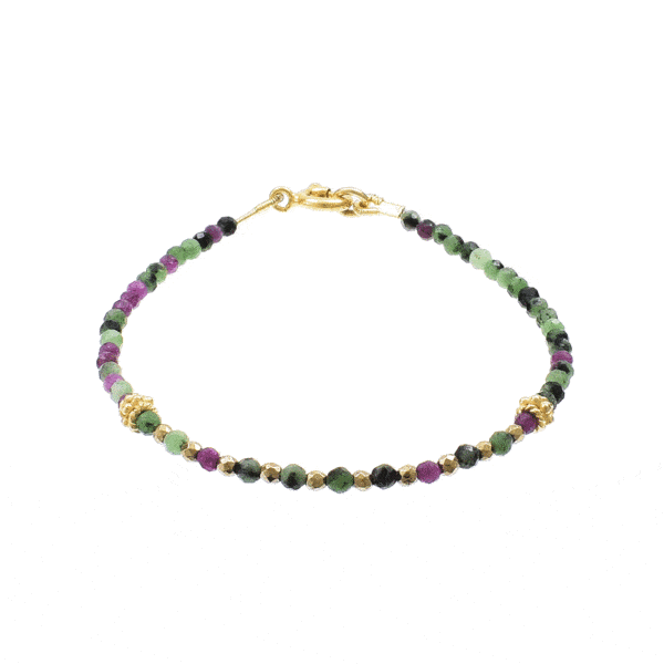 Handmade bracelet made of natural anyolite and pyrite gemstones. The necklace has clasp and decorative elements made of gold plated sterling silver. Buy online shop.
