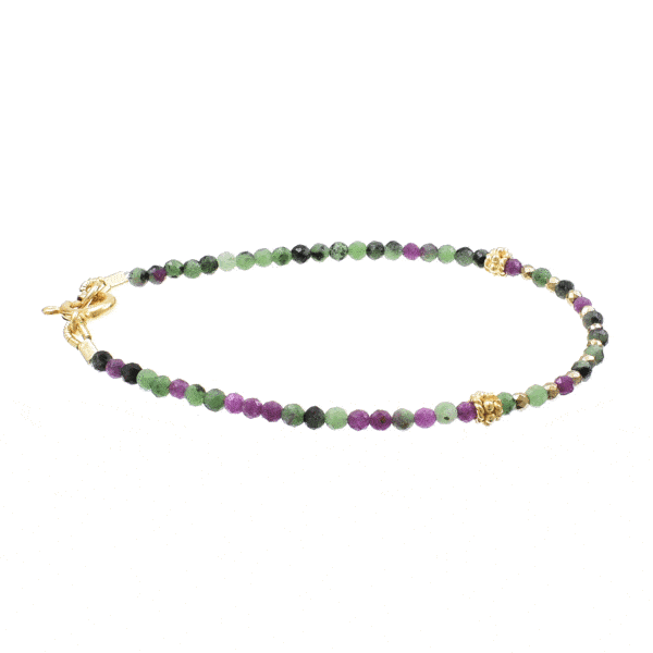 Handmade bracelet made of natural anyolite and pyrite gemstones. The necklace has clasp and decorative elements made of gold plated sterling silver. Buy online shop.