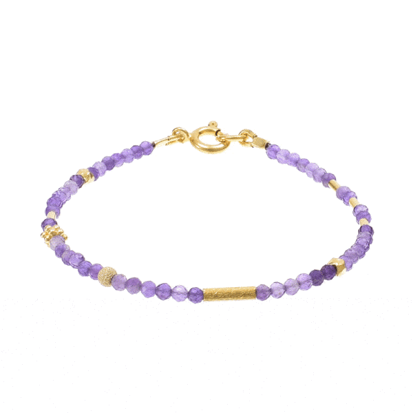 Handmade bracelet with natural amethyst gemstones and decorative elements made of gold plated sterling silver. Buy online shop.