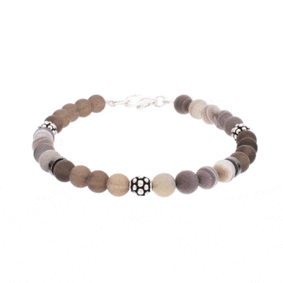 Handmade bracelet with natural smoky quartz, botswana agate and hematite gemstones. The bracelet has decorative elements and clasp made of sterling silver. Buy online shop.