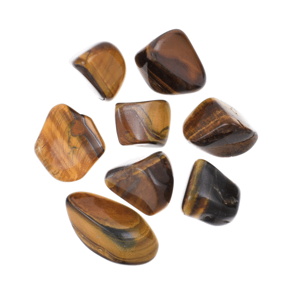Tumbled, natural tiger's eye gemstones, ranging from 1.5cm to 3cm. Buy online shop.