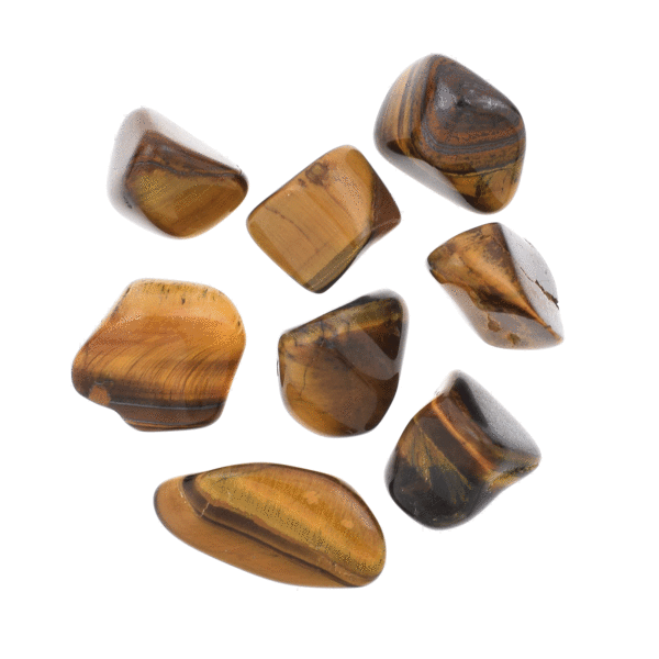 Tumbled, natural tiger's eye gemstones, ranging from 1.5cm to 3cm. Buy online shop.
