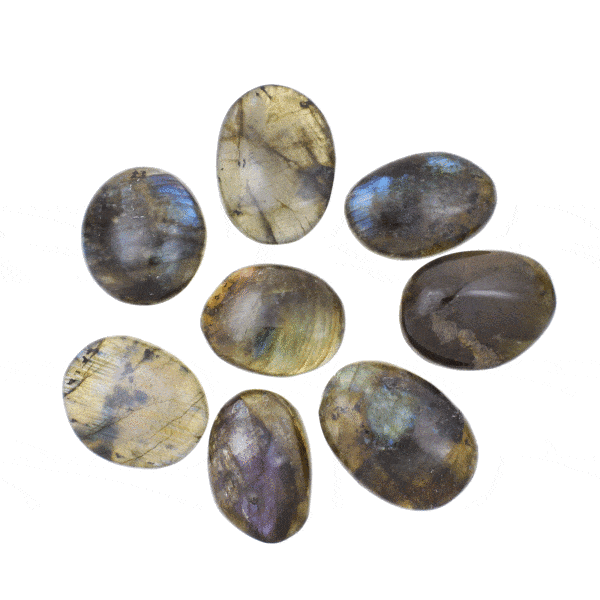Tumbled, natural labradorite gemstones, ranging from 3cm to 3.5cm. Buy online shop.
