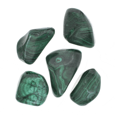 Tumbled, natural malachite gemstones, ranging from 2.5cm to 4cm. Buy online shop.