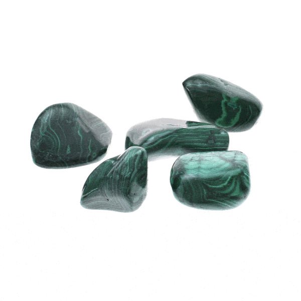 Tumbled, natural malachite gemstones, ranging from 2.5cm to 4cm. Buy online shop.