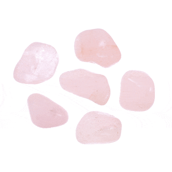 Tumbled, natural rose quartz gemstones, ranging from 3.5cm to 4.5cm. Buy online shop.