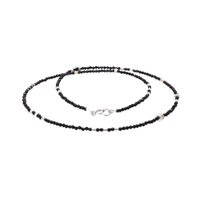 Handmade necklace with natural black spinel gemstones and decorative elements made of sterling silver. Buy online shop.