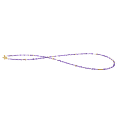 Handmade necklace with natural amethyst gemstones and decorative elements made of gold plated sterling silver. Buy online shop.